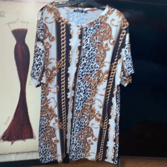 Boohoo chain link  leopard print white oversized T-shirt dress Sz 16 - Picture 1 of 7